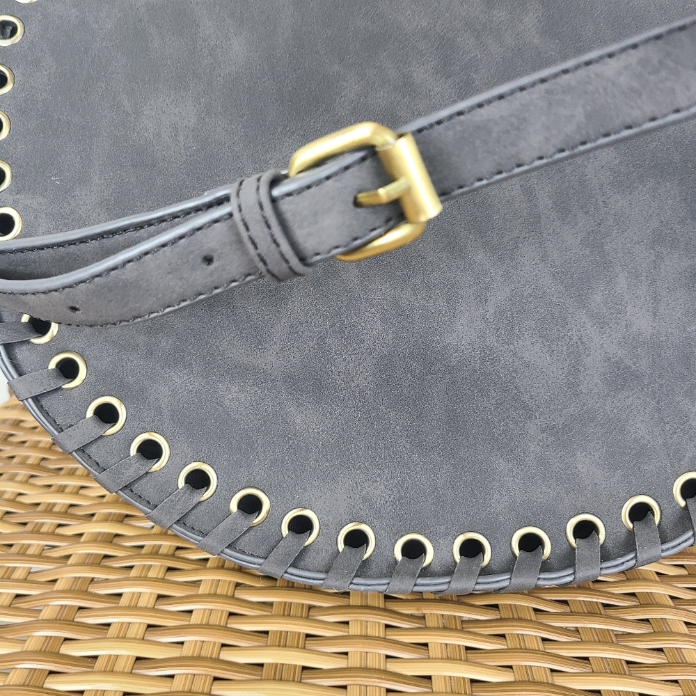 Anthropologie Bag Marla Circle Whipstitched Gray Body Brass Hardware Boho Large - Picture 10 of 14